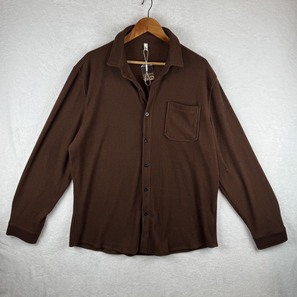 Coofandy Shirt Mens XL Brown Ribbed Knit Long‎ Sleeve Button Up Casual Top